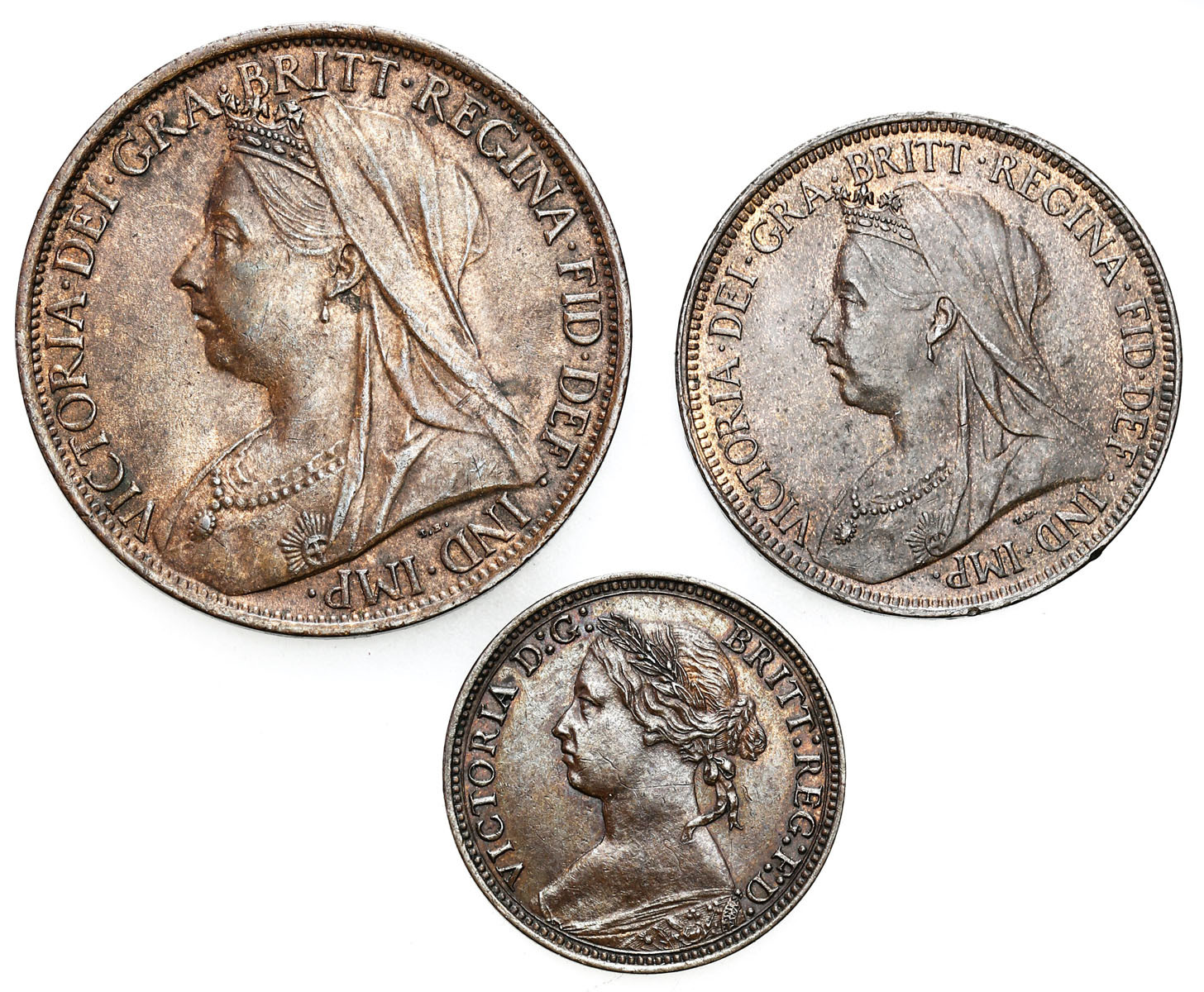 Wielka Brytania. Farthing 1878, 1/2 penny 1901, penny 1901, zestaw 3 monet - ŁADNE